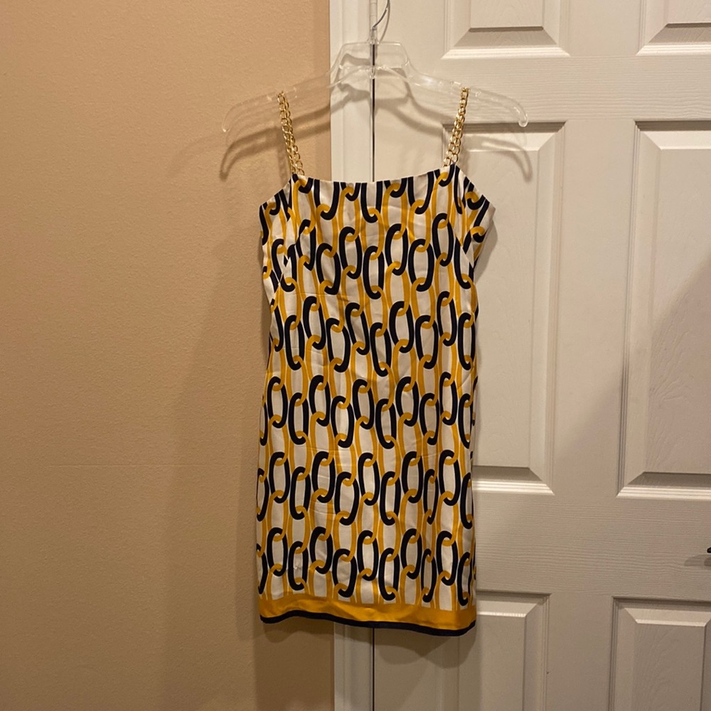Milly of New York 100% silk goldtone chain link dress w/ chain link print design